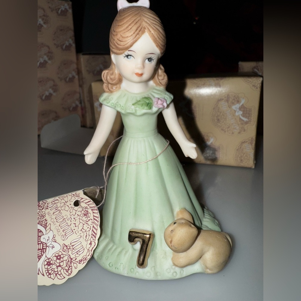 Porcelain Figurine with Green Dress and Bear Age 7 Decor